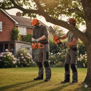 A gardener demonstrating the ergonomic top-handle grip of a lightweight electric chainsaw for easy manoeuvrability.
