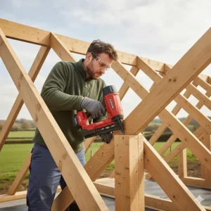 A top-down view showing how to correctly load a strip of collated nails into a framing nailer magazine.