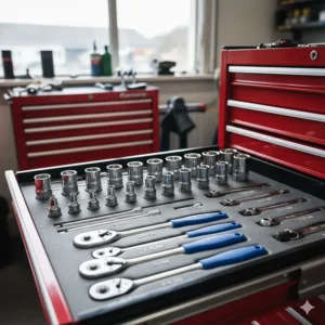 Socket set organised in a tool chest foam tray for efficient workshop workflow.