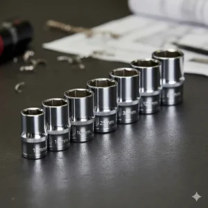 Close-up of chrome-plated metric 1/2 drive sockets ranging from 10mm to 32mm arranged on a workshop bench.