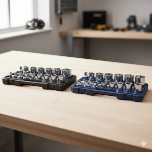 An organised layout of metric sockets from both brands, showing the variety of sizes available for automotive maintenance.