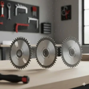 Close-up of a high-tooth-count circular saw blade designed for making clean cross-cuts in British timber and mouldings.