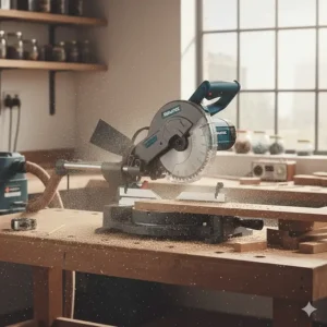 A sliding mitre saw connected to a workshop dust extractor vacuum for a clean working environment.