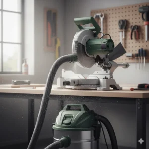 A mitre saw with a dust extraction hose attached to a vacuum system to maintain a clean and safe working environment.