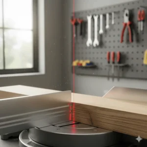 The red laser guide of a mitre saw aligned with a pencil mark on a wooden batten for a perfect precision cut.