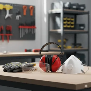 Essential workshop safety gear including blue ear defenders, clear protective goggles, and a dust mask for woodcutting.