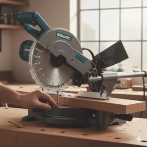 Adjusting the depth stop on a sliding mitre saw to create a precise trench cut in a wooden beam.