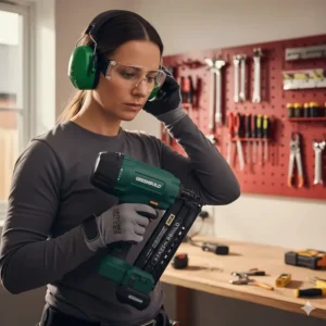 A DIYer wearing safety goggles and ear protection while handling a power nailer.