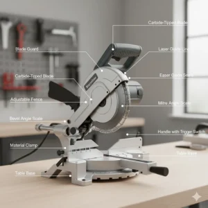 Detailed view of the main components of a mitre saw including the blade guard, handle, and timber clamping system.