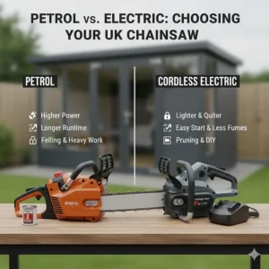 A comparison between petrol and cordless electric chainsaws highlighting the best options for UK homeowners.