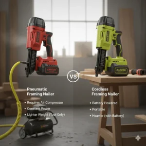 A comparison diagram showing a pneumatic framing nailer with a hose versus a battery-powered cordless model.
