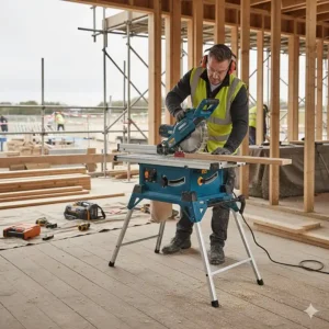 A compact, portable table saw set up on a British construction site for onsite carpentry work.