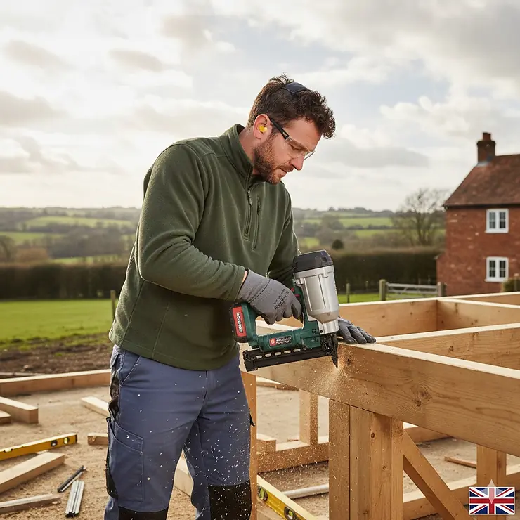 A carpenter using a cordless framing nailer to secure timber rafters on a new-build house extension in the UK. framing nailer