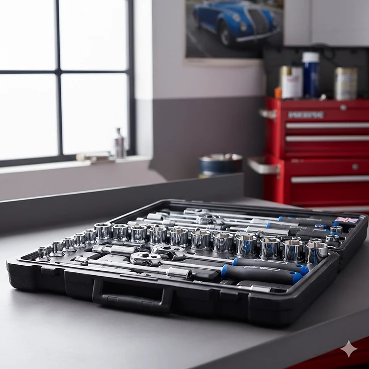 A comprehensive professional socket set for mechanics featuring metric 1/2 inch and 1/4 inch drives in a heavy-duty carry case. socket set for mechanics
