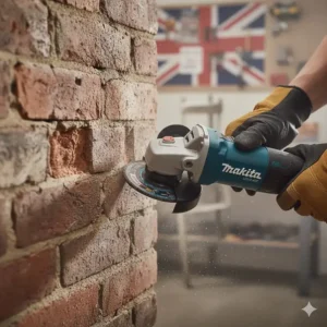 A specialist mortar raking bit attached to an angle grinder being used on a red brick wall.