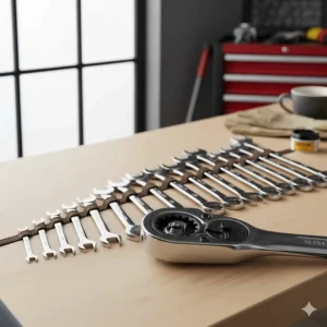 Close-up illustration of a ratcheting spanner head showing the internal gear mechanism for fast tightening.