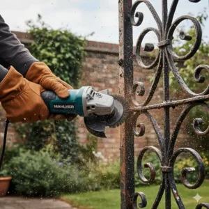An angle grinder with a wire cup brush attachment removing rust from an old iron gate.