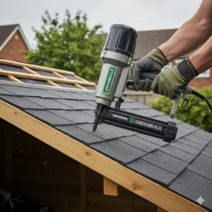 A specialist roofing nail gun used for securing shingles and felt to a garden shed roof.