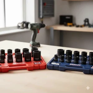 A row of heavy-duty black phosphate impact sockets from both manufacturers, designed for use with power tools.