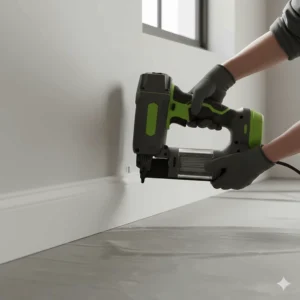 A second fix finish nailer used to neatly attach MDF skirting boards to a plastered wall.