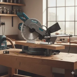 A sliding compound mitre saw tilted at a 45-degree angle for accurate bevel cutting on timber.