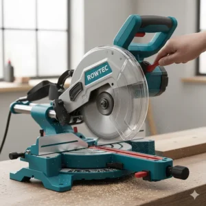 Illustration of a transparent blade guard and safety trigger on a modern UK-spec sliding mitre saw.