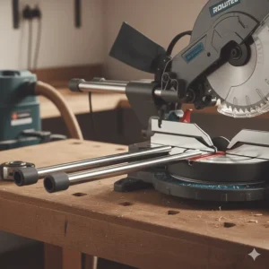 Close-up of the dual rail sliding mechanism on a compound mitre saw for increased cutting capacity.