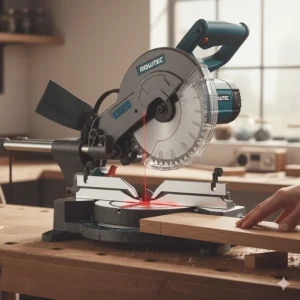A red laser guide line illuminating a cut mark on a piece of British Ogee timber skirting board.
