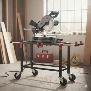 A heavy-duty sliding mitre saw mounted on a foldable, wheeled leg stand for portable site work.