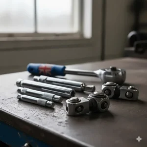Various lengths of extension bars and universal joints for a mechanic's socket kit.