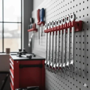 A spanner set stored securely on a wall-mounted organiser rack in a British garage workshop.