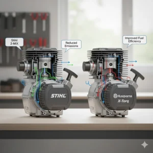 Technical diagram comparing Stihl 2-MIX and Husqvarna X-Torq engine efficiency for reduced emissions and better fuel economy.