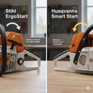 Close-up of the pull-cord mechanisms showing Stihl ErgoStart and Husqvarna Smart Start features for easy petrol ignition.