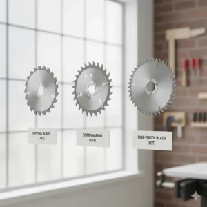 Diagram comparing different table saw blades including fine-tooth blades for plywood and ripping blades.