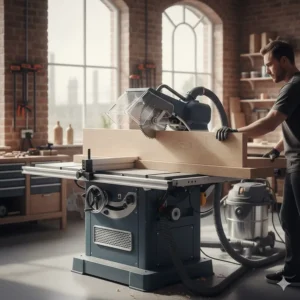 A bespoke wooden crosscut sled mounted on a table saw for improved accuracy and stability.