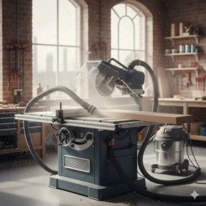 A table saw connected to a workshop dust extraction vacuum system to maintain a clean workspace.