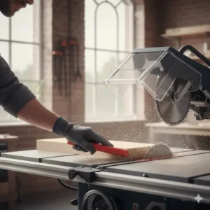 A wooden push stick being used to guide a small piece of wood past the table saw blade safely.