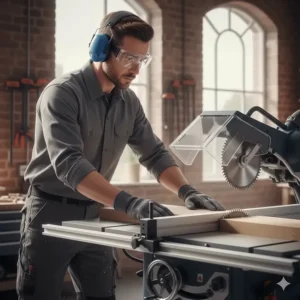 An operator wearing essential safety gear including ear defenders and safety goggles while using a table saw.
