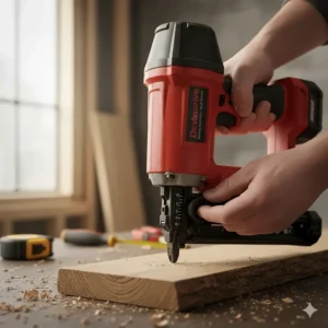 Using a framing nailer to fix timber rafters together for a residential roof pitch.
