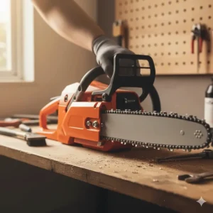 Detailed view of a tool-less chain tensioning dial on the side of a battery-powered electric chainsaw.