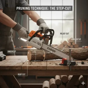 A technical drawing of a tree surgeon using a top handle chainsaw to perform a precise pruning step-cut on a tree limb.