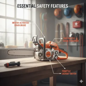 A technical diagram highlighting safety features of a top handle chainsaw, including the chain brake, hand guard, and throttle lock.