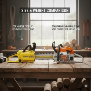 A side-by-side comparison of a compact top handle chainsaw and a standard rear-handle saw to demonstrate size differences for climbing.
