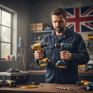 A British tradesperson swapping an 18V lithium-ion battery between a combi drill and an impact driver.
