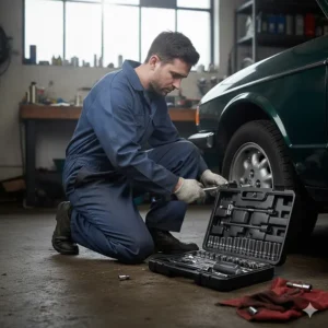 A mechanic in a workshop using a 1/2 drive socket set and ratchet to tighten wheel nuts on a vehicle.