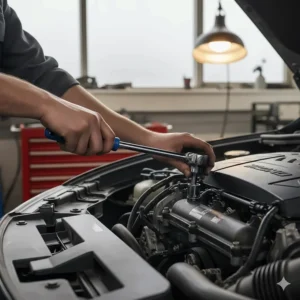 A mechanic using a socket set and extension bar to repair a car engine in a UK garage.