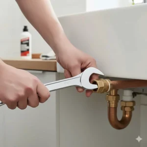 Illustration showing the correct way to use a spanner on a brass plumbing nut under a kitchen sink.