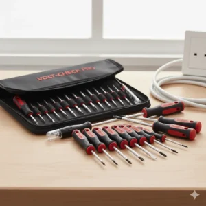A 12-piece electrician screwdriver kit including Pozi, Phillips, and slotted tips for UK domestic wiring.