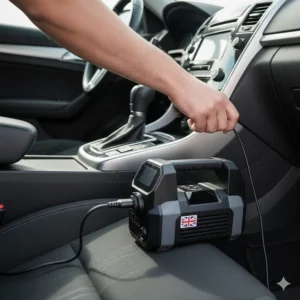 The 12V DC power connector of a portable air compressor being plugged into a UK car cigarette lighter socket.