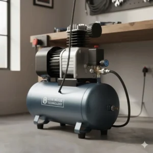 A high-capacity 50-litre air receiver tank on a silent compressor, featuring British standard safety valves.